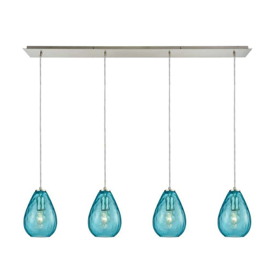 Pendant Lights * | Lagoon 4-Light Linear Pan In Satin Nickel With Aqua Water Glass Pendant By Titan Lighting