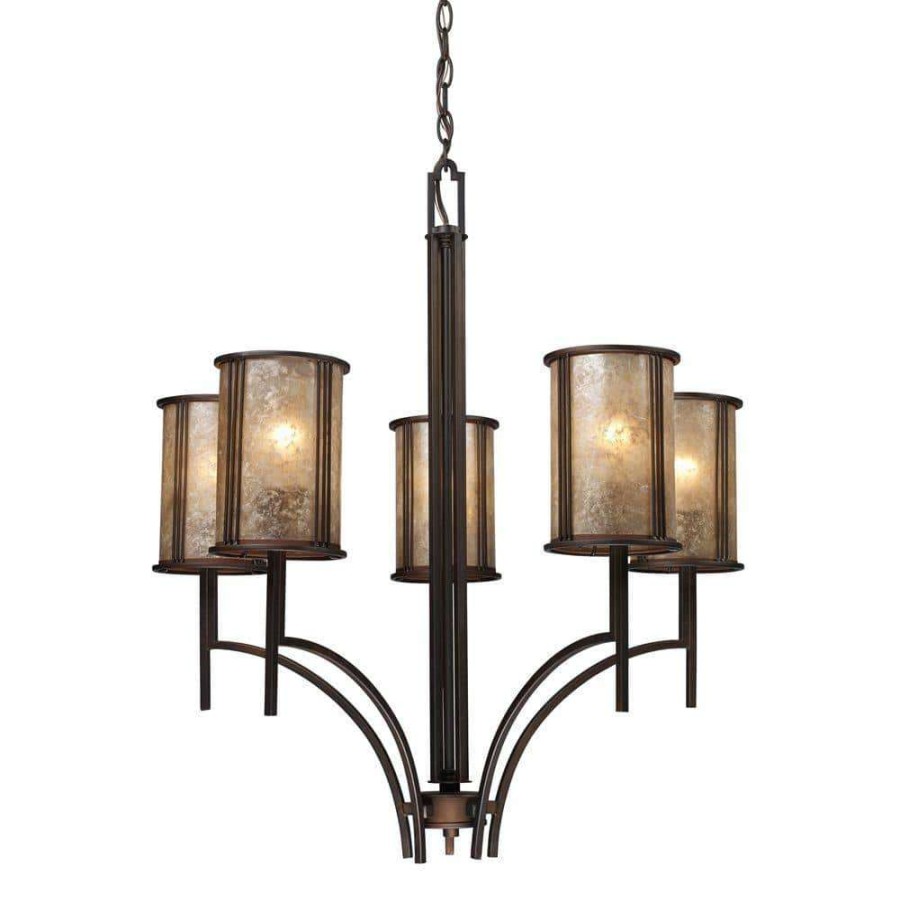 Chandeliers * | Barringer 5-Light Aged Bronze Chandelier With Tan Mica Shades By Titan Lighting