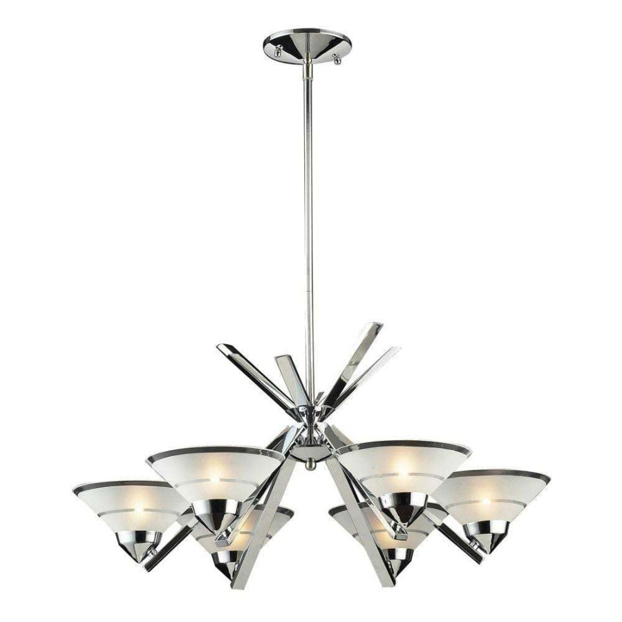 Chandeliers * | Refraction 6-Light Polished Chrome Chandelier With Etched Clear Glass Shades By Titan Lighting