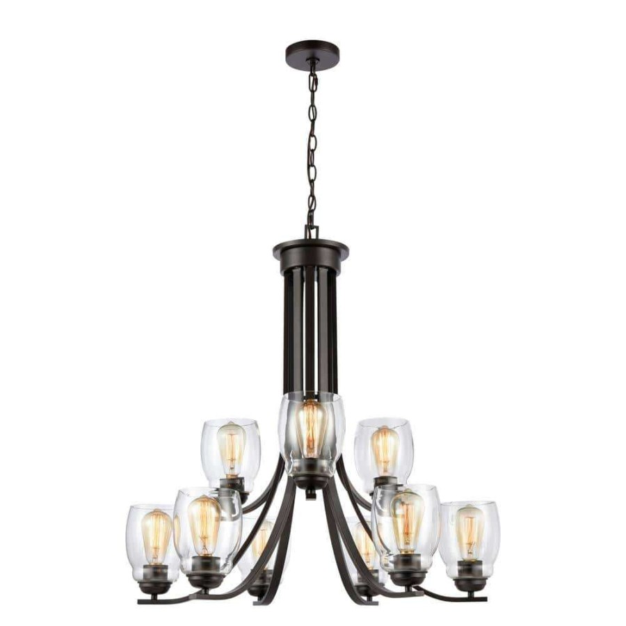 Chandeliers * | 9-Light Oil Rubbed Bronze Tiered Chandelier With Glass Shades By Titan Lighting