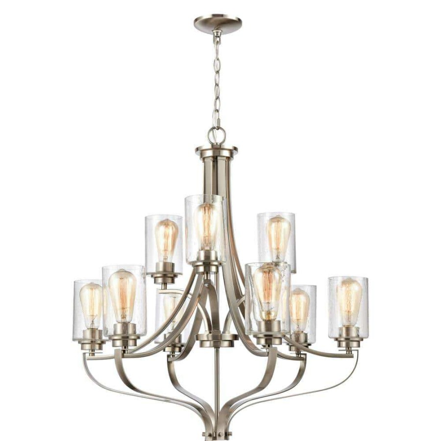 Chandeliers * | 9-Light Brushed Nickel Tiered Chandelier With Glass Shades By Titan Lighting