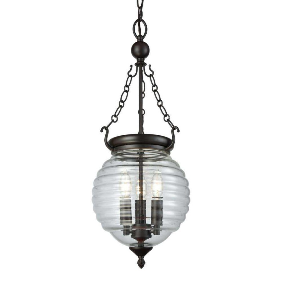 Chandeliers * | Crosswell 3-Light Oil Rubbed Bronze Chandelier With Clear Beehive Glass Shade By Titan Lighting