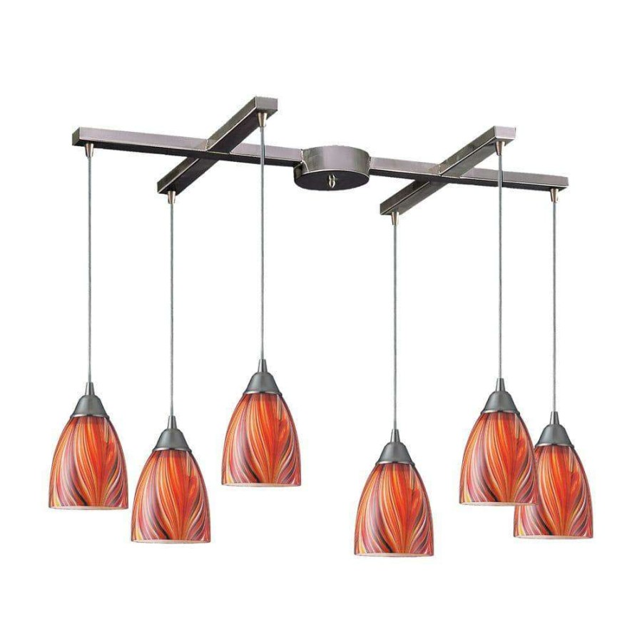 Pendant Lights * | Arco Baleno 6-Light Satin Nickel Pendant With Multi Glass Shade By Titan Lighting