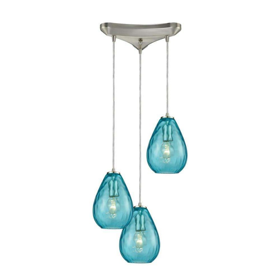 Pendant Lights * | Lagoon 3-Light Triangle Pan In Satin Nickel With Aqua Water Glass Pendant By Titan Lighting