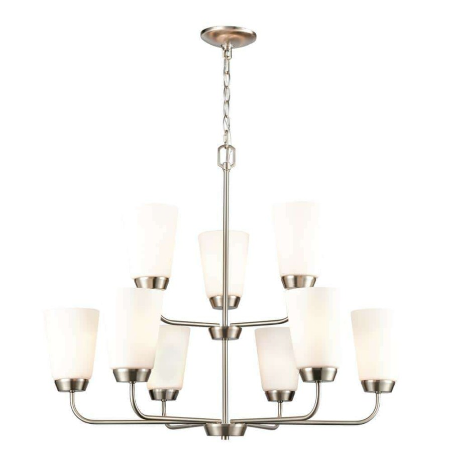 Chandeliers * | 9-Light Brushed Nickel Tiered Chandelier With Glass Shades By Titan Lighting