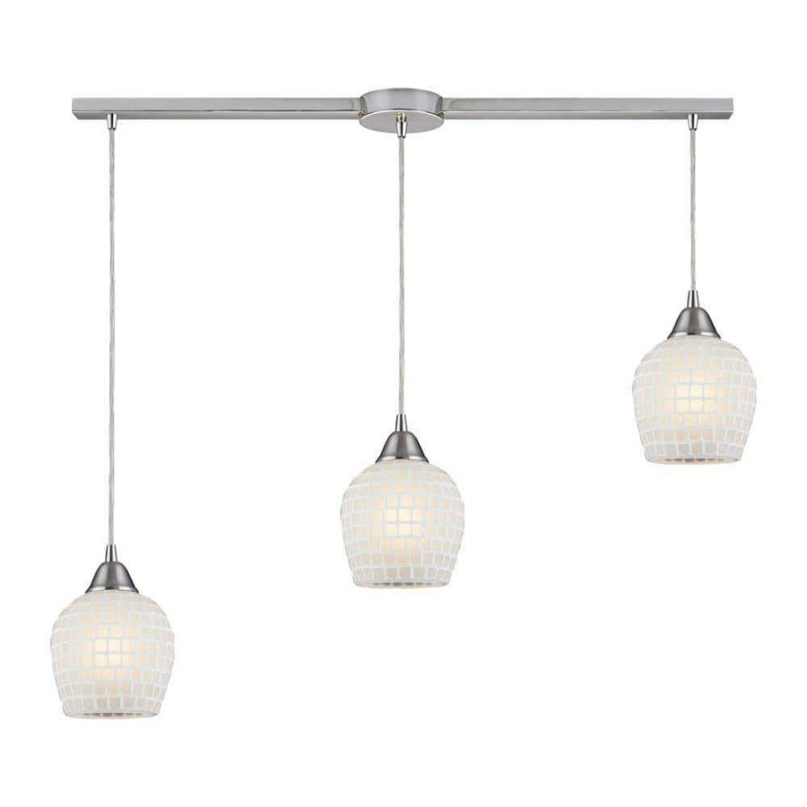 Chandeliers * | Fusion 3-Light Linear Satin Nickel Pendant With White Mosaic Glass By Titan Lighting