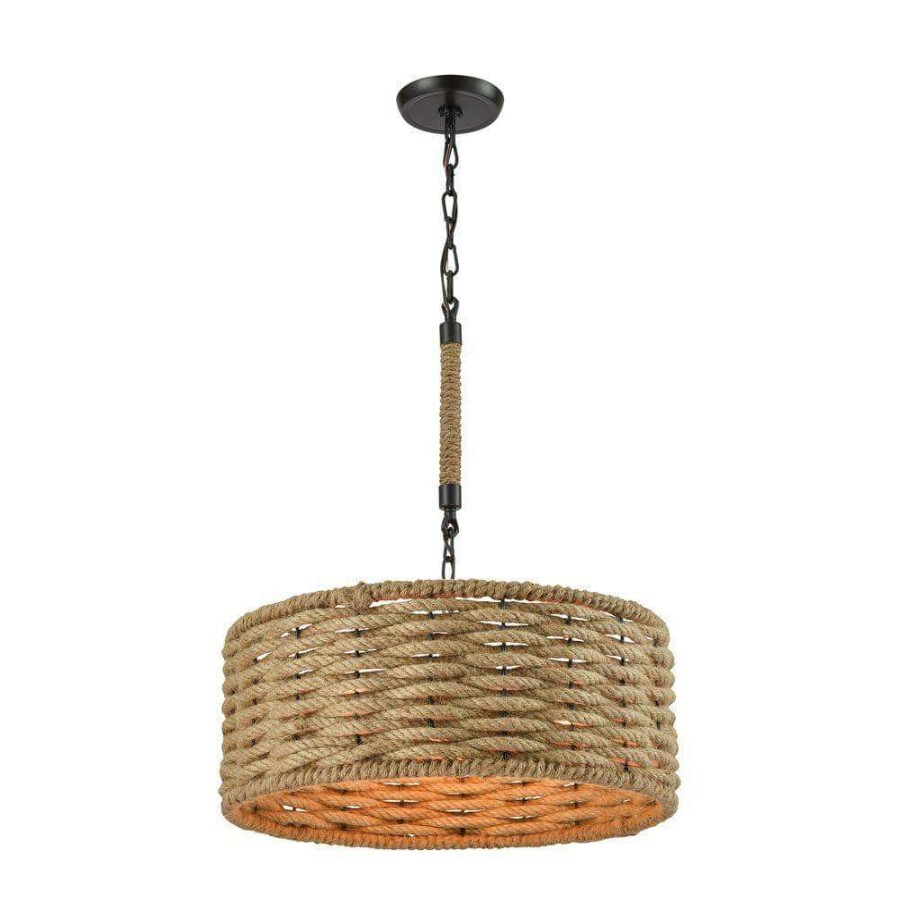 Chandeliers * | Weaverton 3-Light Oil Rubbed Bronze Chandelier With Wrapped Rope Shade By Titan Lighting