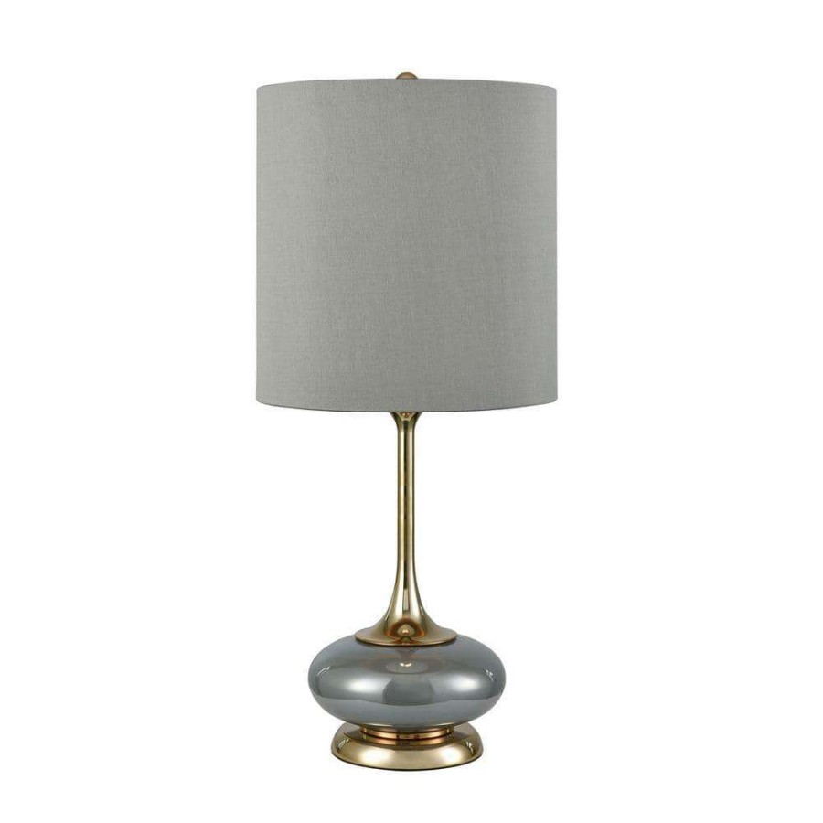 Lamps * | Camelot Table Lamp In Steel Grey And Gold With Smoke Linen Fabric Shade By Titan Lighting