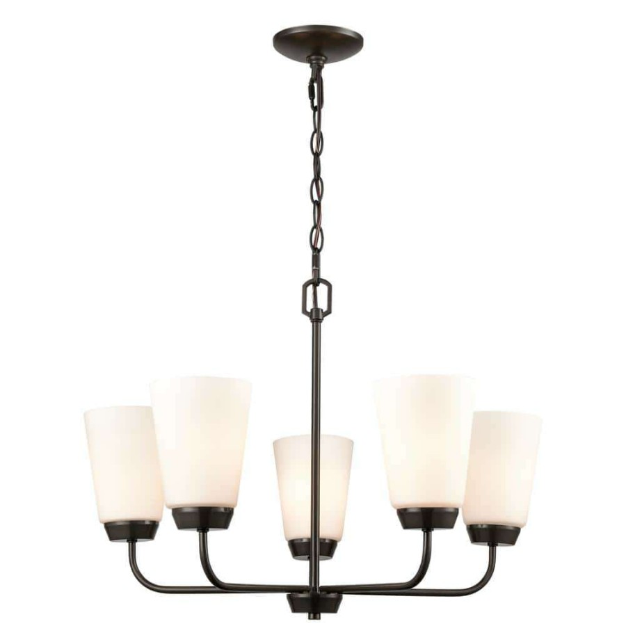 Chandeliers * | 5-Light Oil Rubbed Bronze Candelabra Chandelier With Glass Shades By Titan Lighting