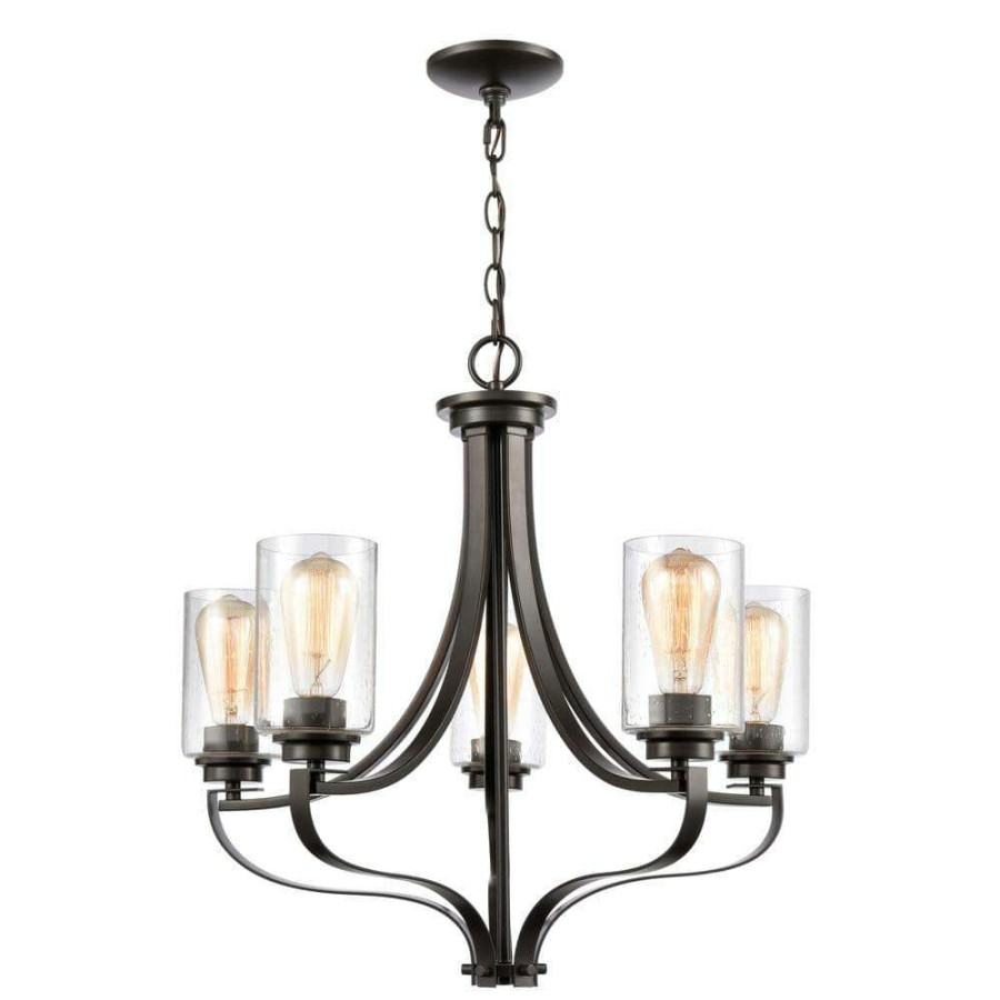 Chandeliers * | 5-Light Oil Rubbed Bronze Chandelier With Glass Shades By Titan Lighting