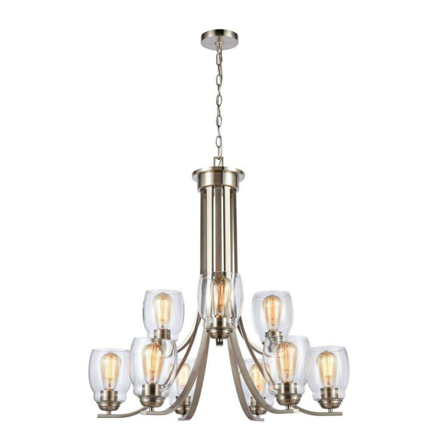 Chandeliers * | 9-Light Brushed Nickel Tiered Chandelier With Glass Shades By Titan Lighting