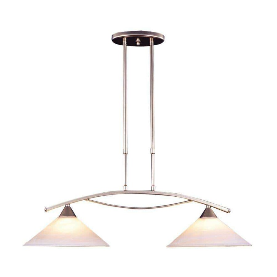 Chandeliers * | Elysburg 2-Light Satin Nickel Island Light With White Marbleized Glass Shades By Titan Lighting