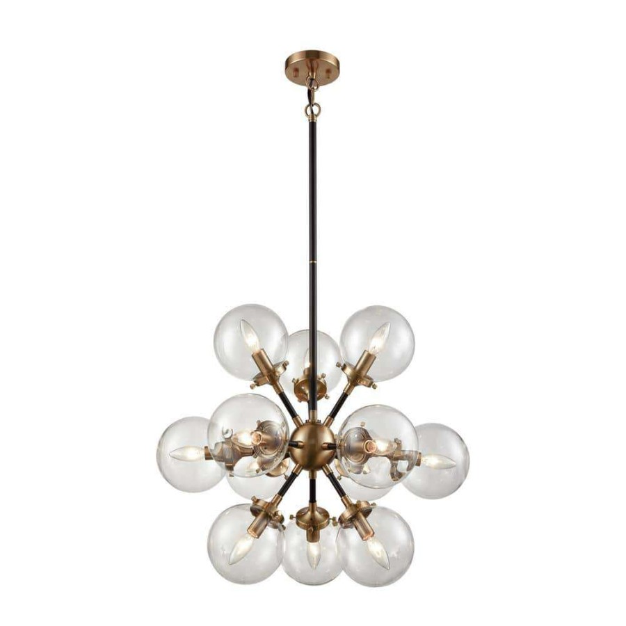 Chandeliers * | Boudreaux 12-Light Matte Black And Antique Gold Chandelier With Clear Glass Globe Shades By Titan Lighting