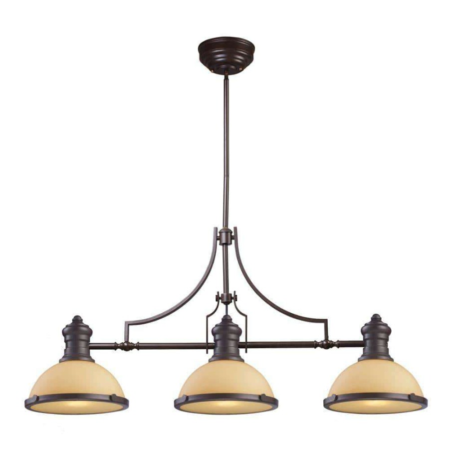 Chandeliers * | Chadwick 3-Light Oiled Bronze Island Light With Amber Glass Shades By Titan Lighting