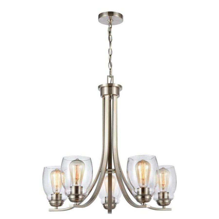 Chandeliers * | 5-Light Brushed Nickel Tiered Chandelier With Glass Shades By Titan Lighting