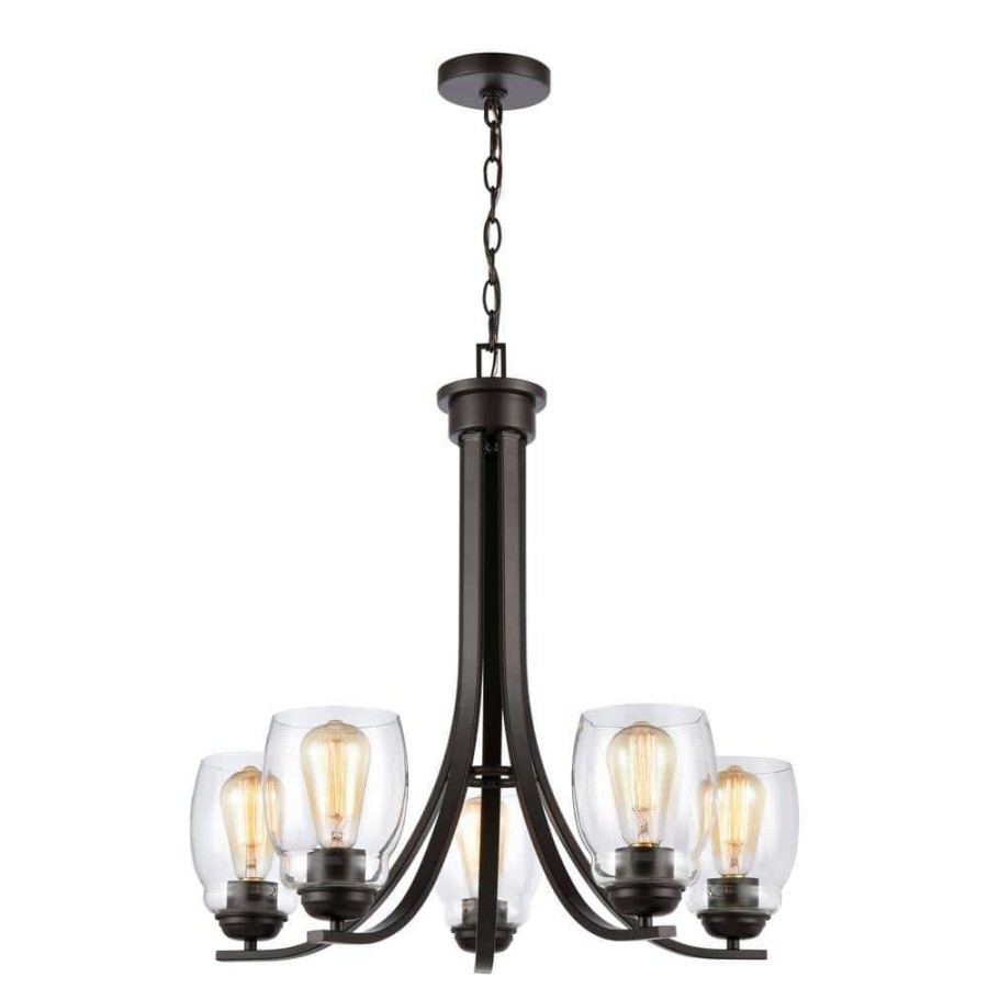 Chandeliers * | 5-Light Oil Rubbed Bronze Candelabra Chandelier With Glass Shades By Titan Lighting