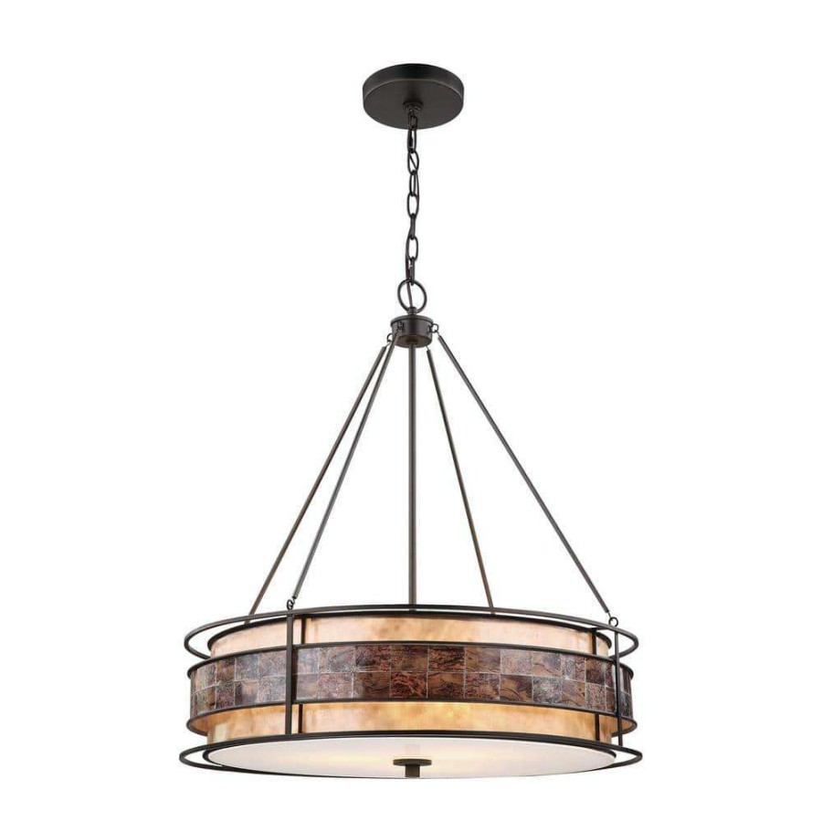 Chandeliers * | Tremont 3-Light Large Tiffany Bronze Chandelier With Tan And Brown Mica Shade By Titan Lighting