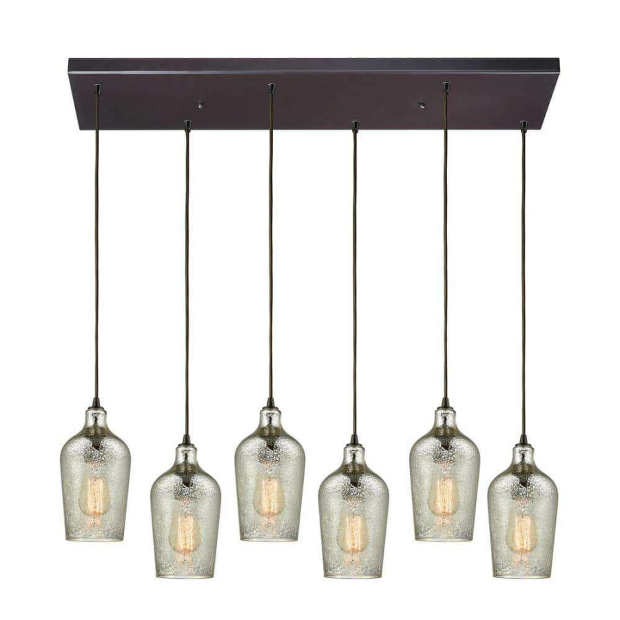 Chandeliers * | Hammered Glass 6-Light Rectangle In Oil Rubbed Bronze With Hammered Mercury Glass Pendant By Titan Lighting