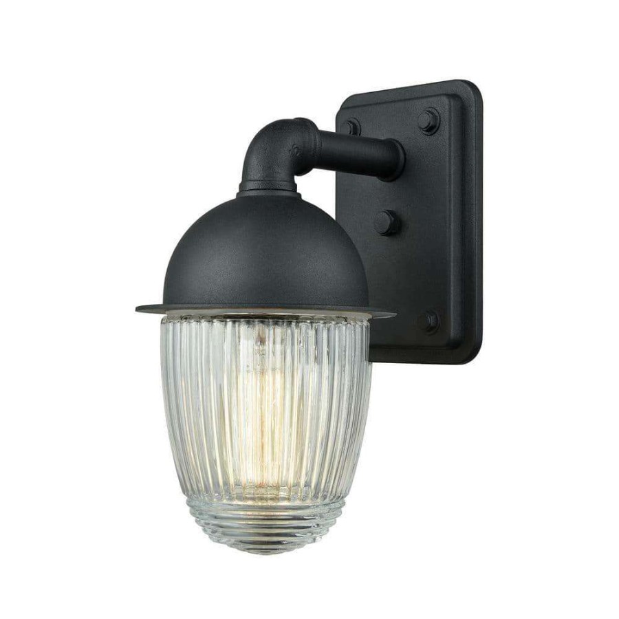 Outdoor Lighting * | Channing 1-Light Matte Black With Clear Ribbed Glass Outdoor Wall Mount Sconce By Titan Lighting