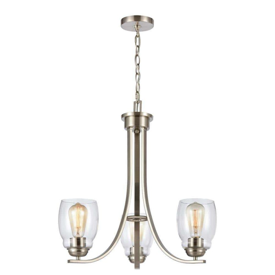 Chandeliers * | 3-Light Brushed Nickel Candelabra Chandelier With Glass Shades By Titan Lighting