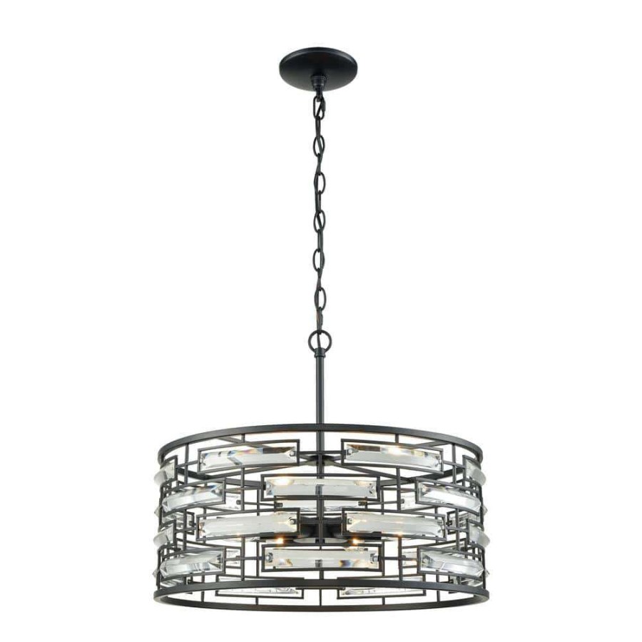 Chandeliers * | Lineo 6-Light Matte Black Chandelier With Clear Crystal And Metal Shade By Titan Lighting