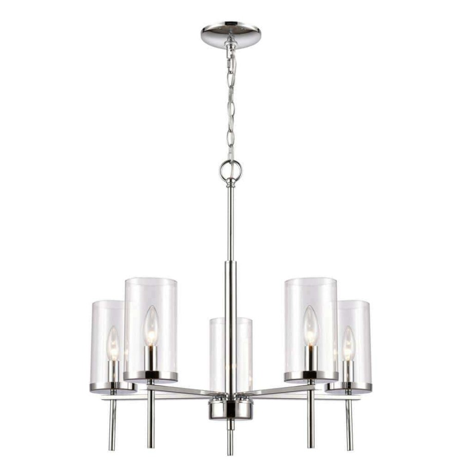 Chandeliers * | 5-Light Chrome Candelabra Chandelier With Glass Shades By Titan Lighting