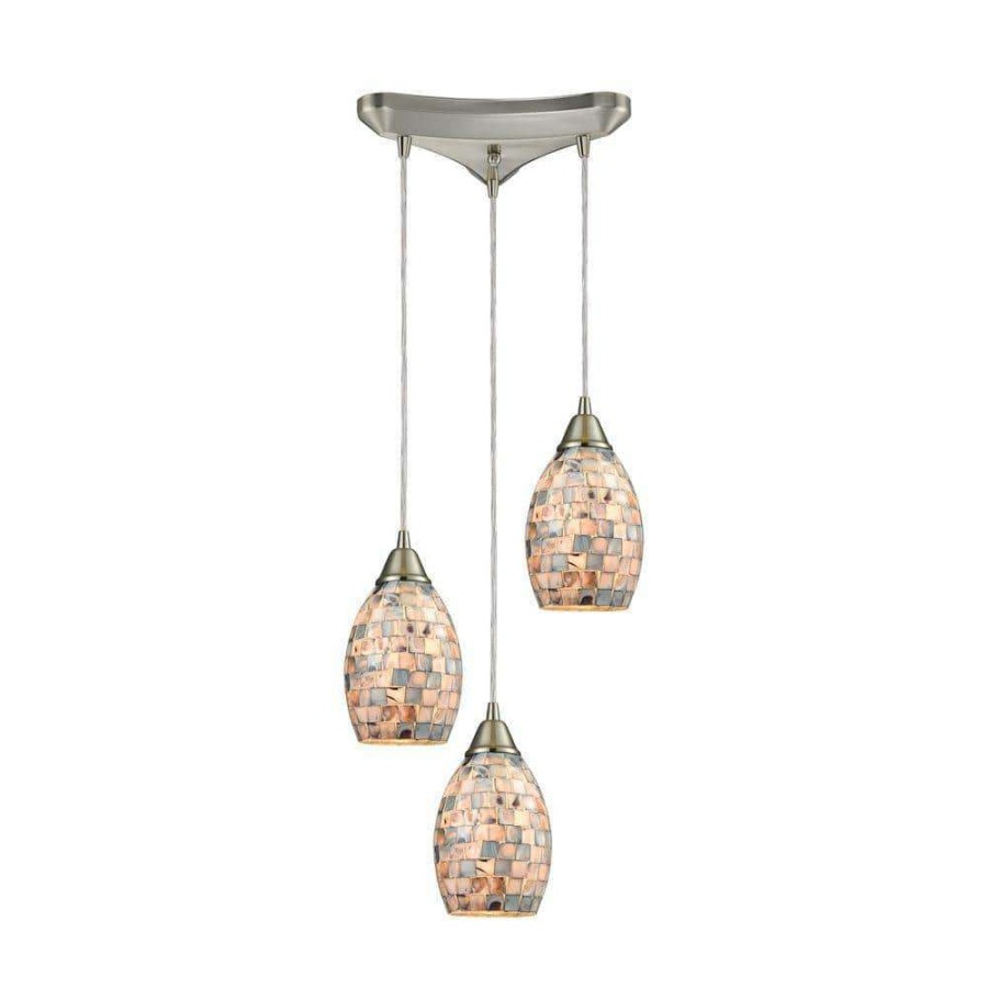 Pendant Lights * | Capri 3-Light Satin Nickel And Gray Capiz Shell Pendant By Titan Lighting