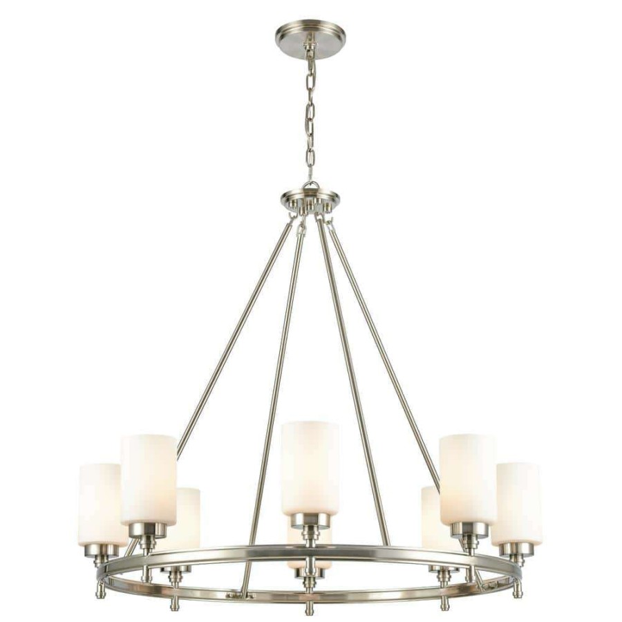 Chandeliers * | Dawson 8-Light Satin Nickel Wagon Wheel Chandelier With Glass Shades By Titan Lighting