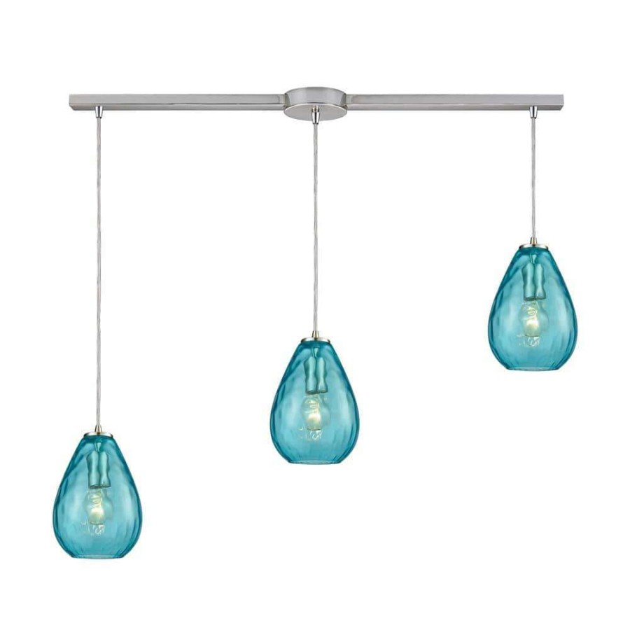 Chandeliers * | Lagoon 3-Light Linear Bar In Satin Nickel With Aqua Water Glass Pendant By Titan Lighting