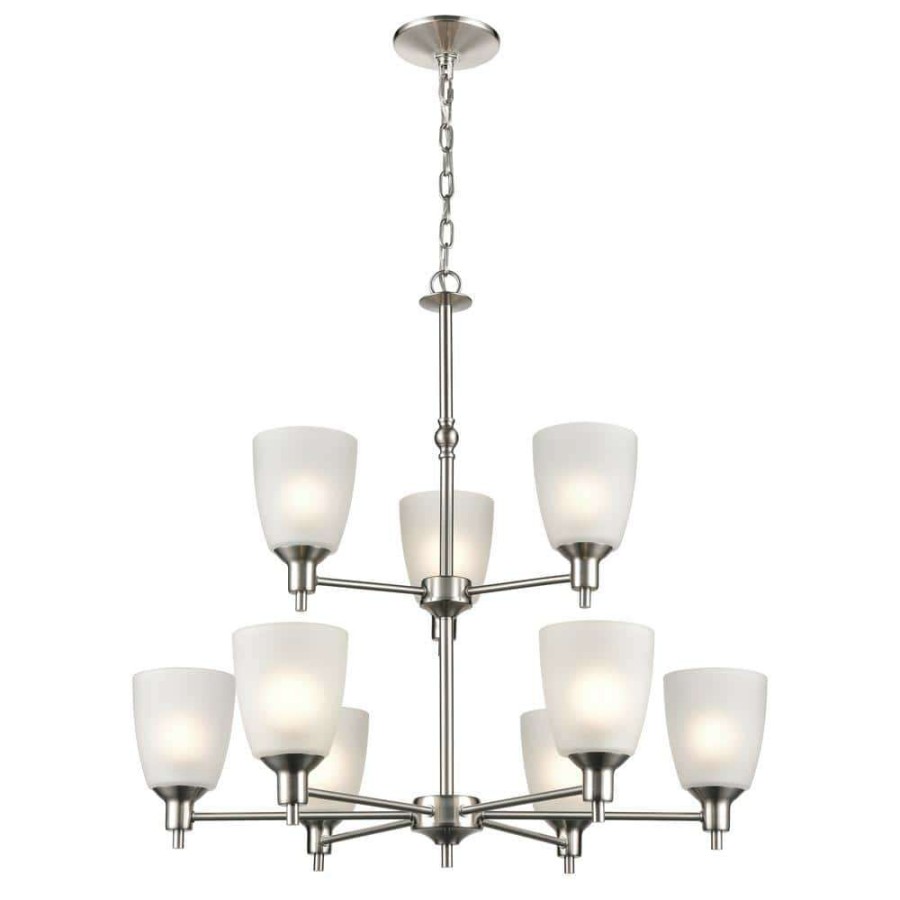 Chandeliers * | 9-Light Brushed Nickel Tiered Chandelier With Glass Shades By Titan Lighting