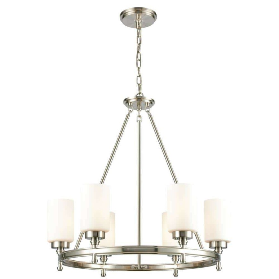 Chandeliers * | Dawson 6-Light Satin Nickel Wagon Wheel Chandelier With Glass Shades By Titan Lighting