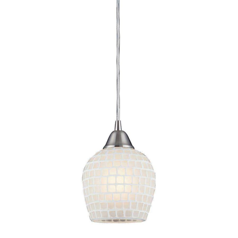 Chandeliers * | Fusion 1-Light Satin Nickel Pendant With White Mosaic Glass Shade By Titan Lighting