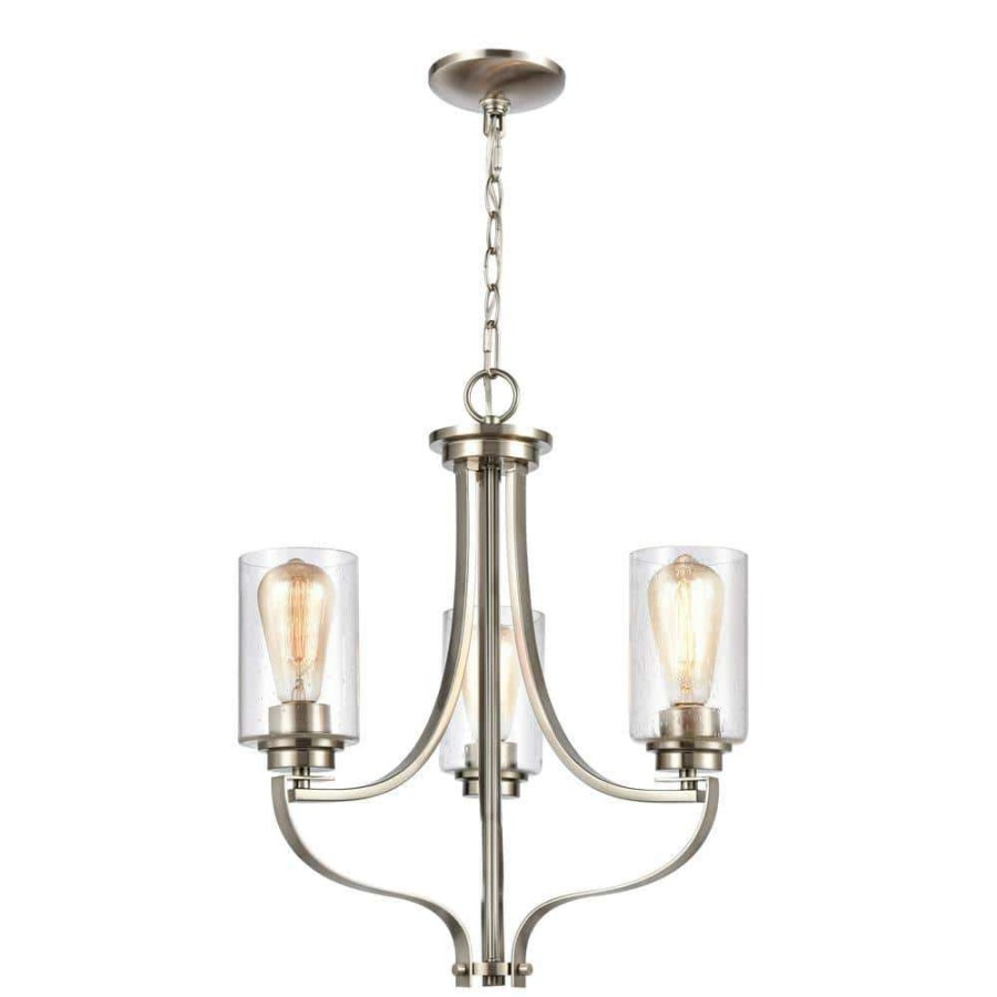 Chandeliers * | 3-Light Brushed Nickel Chandelier With Glass Shades By Titan Lighting