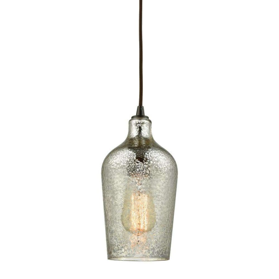 Pendant Lights * | Hammered Glass 1-Light Oil Rubbed Bronze With Hammered Mercury Glass Pendant By Titan Lighting