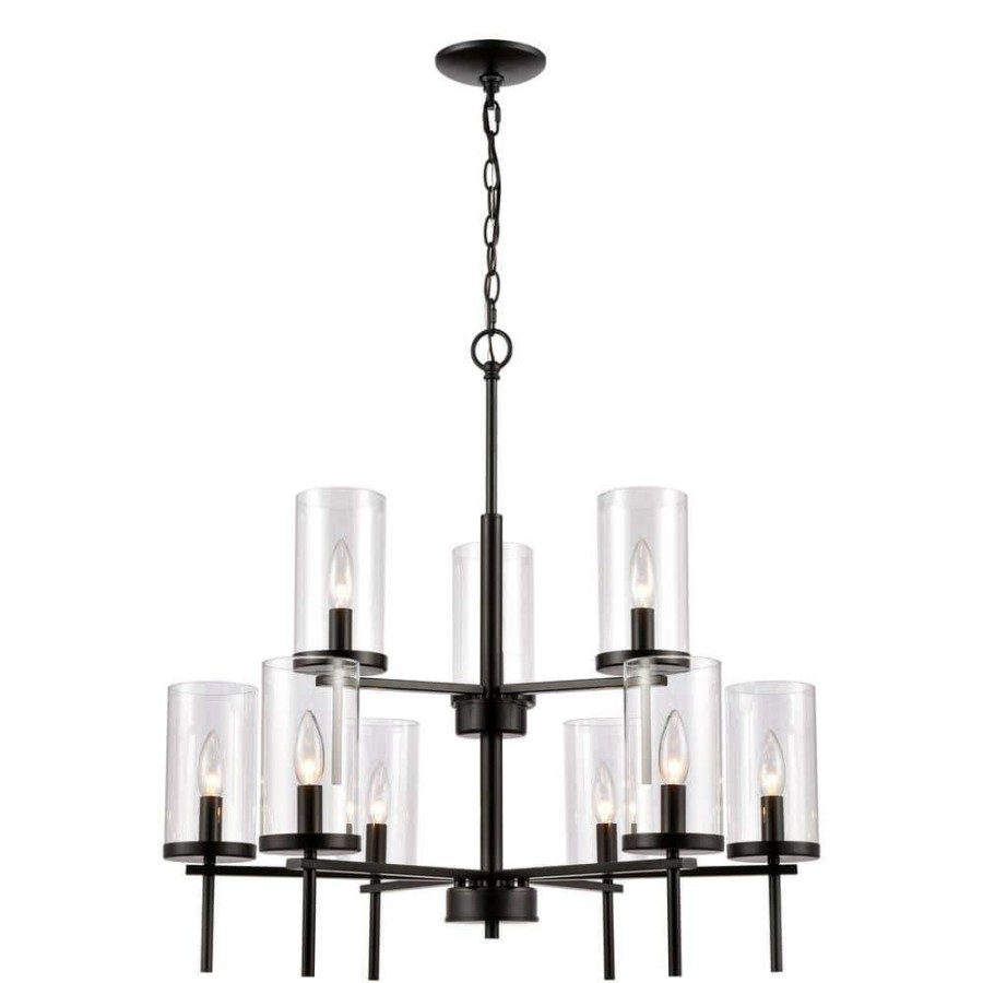 Chandeliers * | 9-Light Black Tiered Chandelier With Glass Shades By Titan Lighting