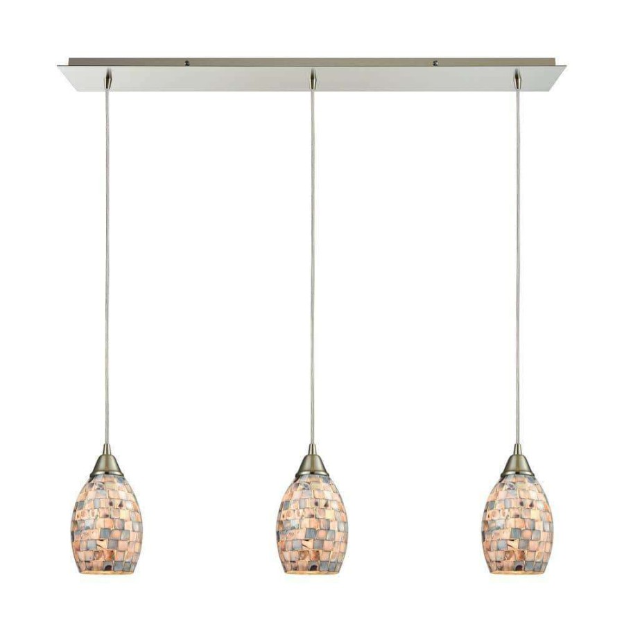 Chandeliers * | Capri 3-Light Satin Nickel And Gray Capiz Shell Pendant By Titan Lighting