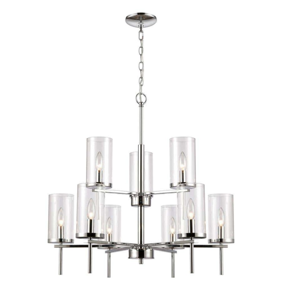 Chandeliers * | 9-Light Chrome Tiered Chandelier With Glass Shades By Titan Lighting