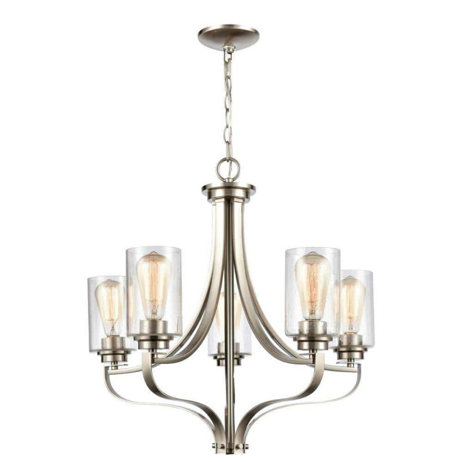 Chandeliers * | 5-Light Brushed Nickel Chandelier With Glass Shades By Titan Lighting