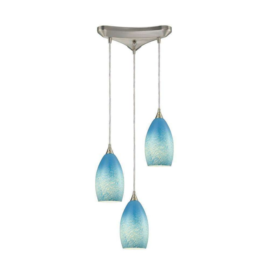 Pendant Lights * | Earth 3-Light Satin Nickel Pendant With Sky Blue Glass By Titan Lighting