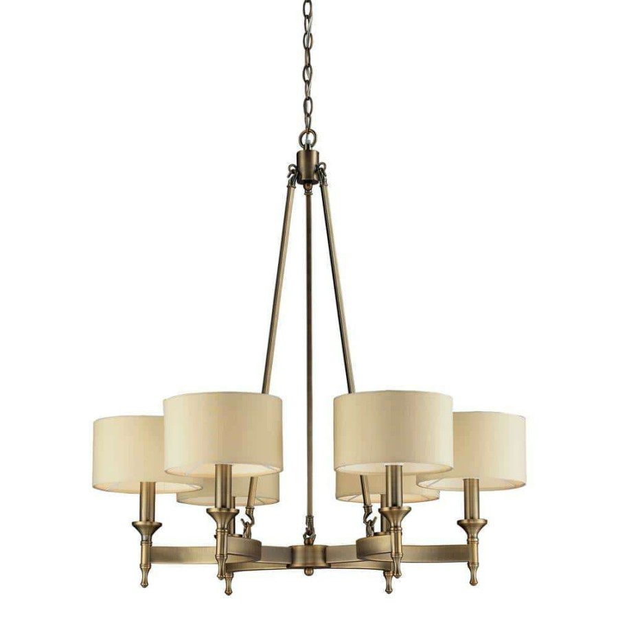 Chandeliers * | Pembroke 6-Light Antique Brass Chandelier With Light Tan Fabric Shades By Titan Lighting