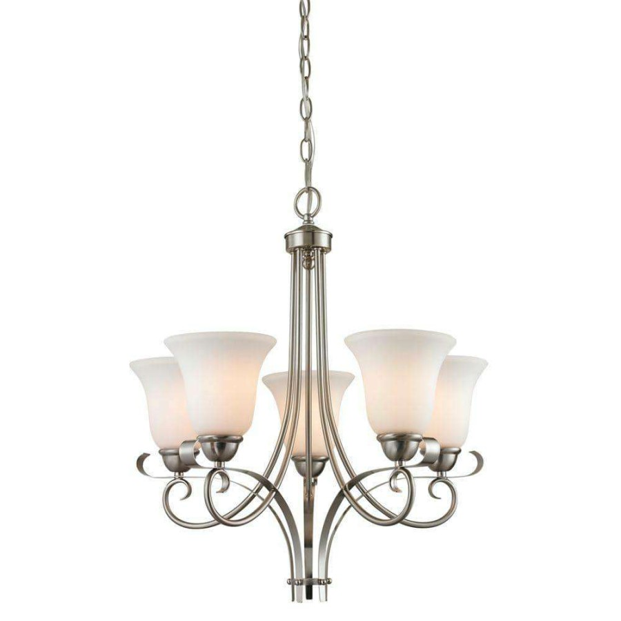 Chandeliers * | Brighton 5-Light Brushed Nickel Chandelier With White Glass Shades By Titan Lighting