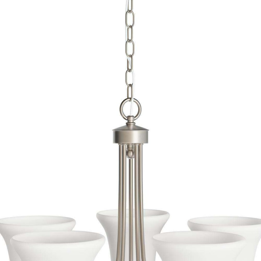 Chandeliers * | Brighton 5-Light Brushed Nickel Chandelier With White Glass Shades By Titan Lighting