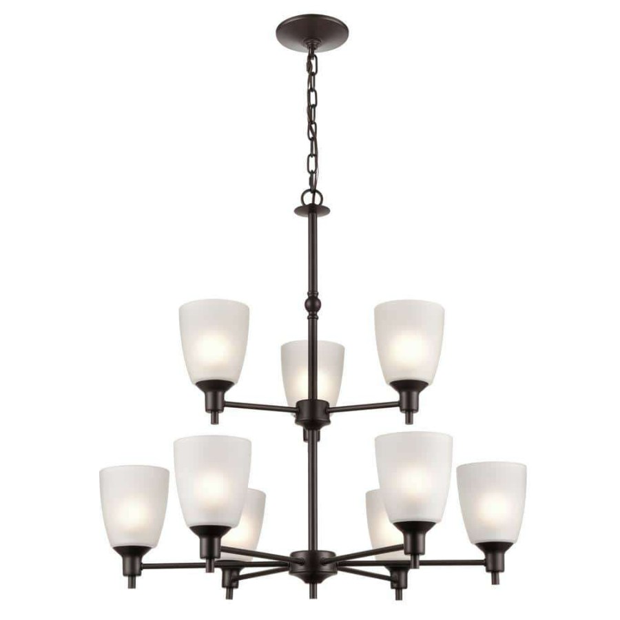 Chandeliers * | 9-Light Oil Rubbed Bronze Tiered Chandelier With Glass Shades By Titan Lighting