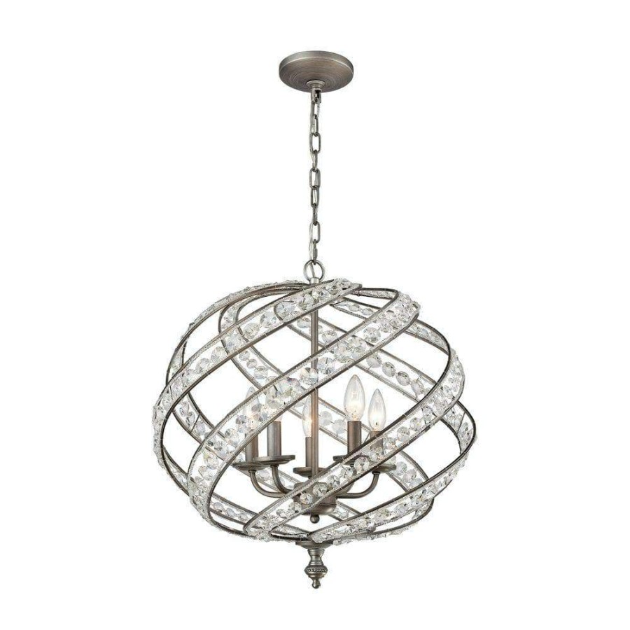 Chandeliers * | Renaissance 5-Light Weathered Zinc Chandelier With Metal And Crystal Shade By Titan Lighting