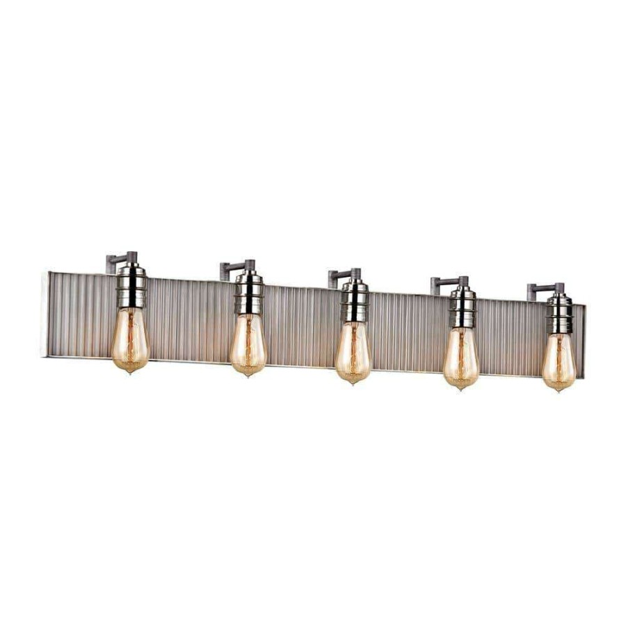 Vanity Lighting * | Corrugated Steel 5-Light Weathered Zinc And Polished Nickel Vanity Light By Titan Lighting