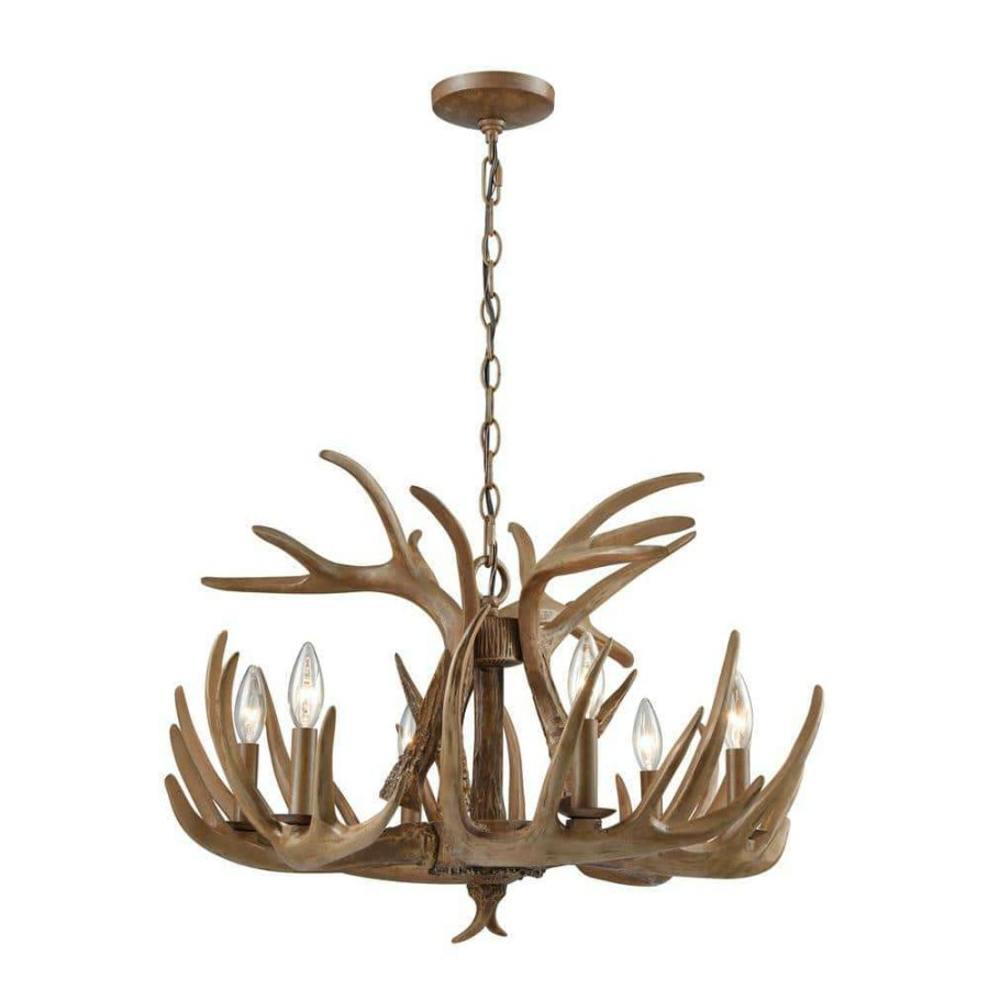 Chandeliers * | Elk 6-Light Wood Brown Chandelier By Titan Lighting