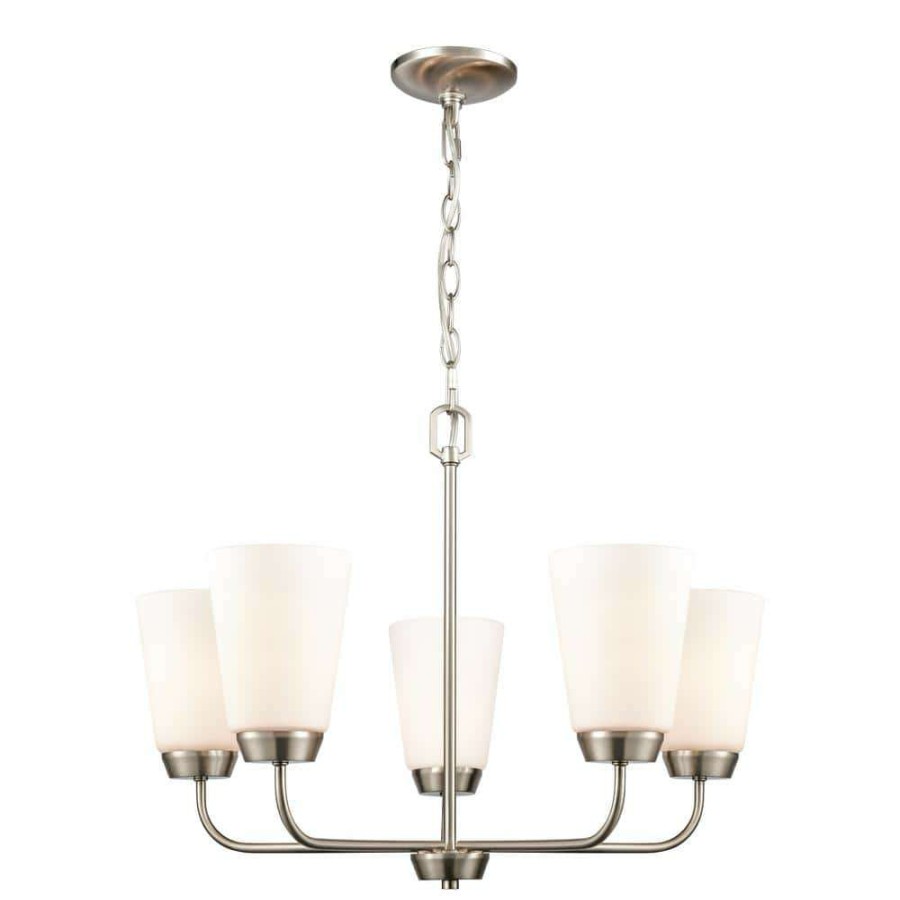 Chandeliers * | 5-Light Brushed Nickel Candelabra Chandelier With Glass Shades By Titan Lighting