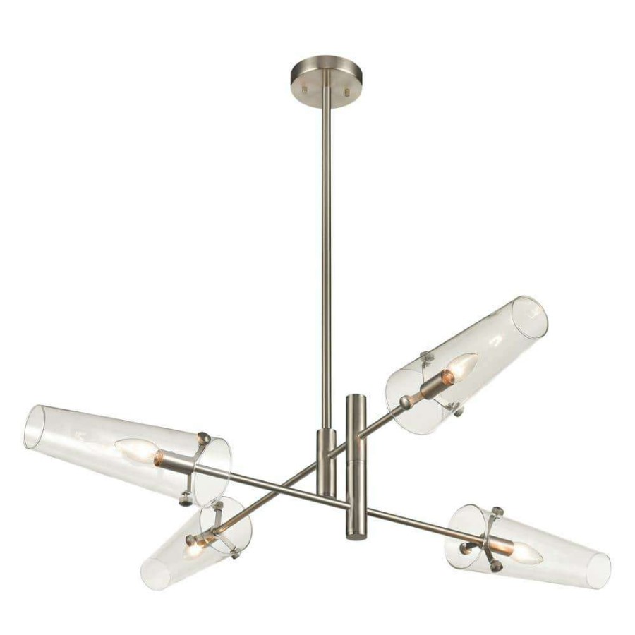 Chandeliers * | Valante 4-Light Satin Nickel Chandelier With Glass Shades By Titan Lighting