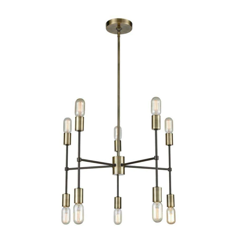 Chandeliers * | Up Down Century 10-Light Antique Brass And Oil Rubbed Bronze Chandelier By Titan Lighting