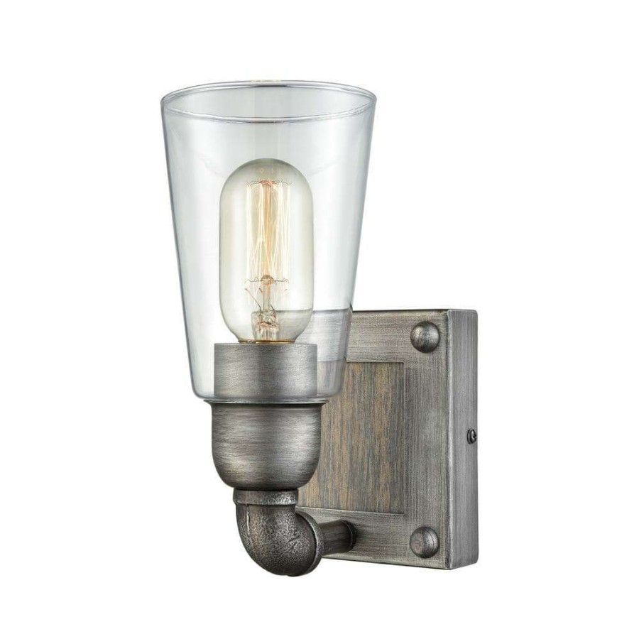 Wall Sconces * | Platform 1-Light Weathered Zinc With Washed Wood And Clear Glass Bath Light By Titan Lighting